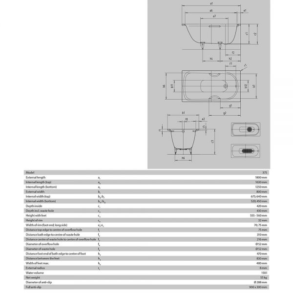 Kaldewei Saniform Plus Anti Slip Single Ended Steel Bath with Grips 1800mm x 800mm 2 Tap Hole #4