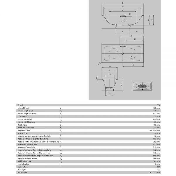 Kaldewei Silenio Double Ended Steel Bath 1700mm x 750mm 0 Tap Hole #3