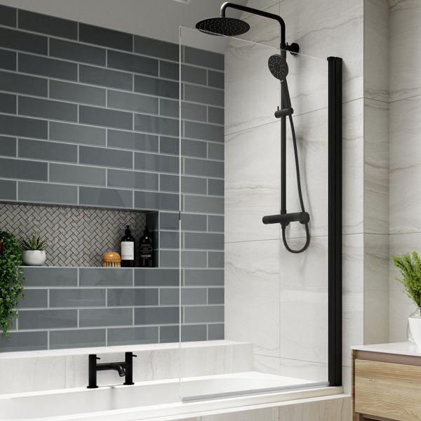 Kudos Inspire Matt Black 6mm Single Panel Hinged Bath Screen