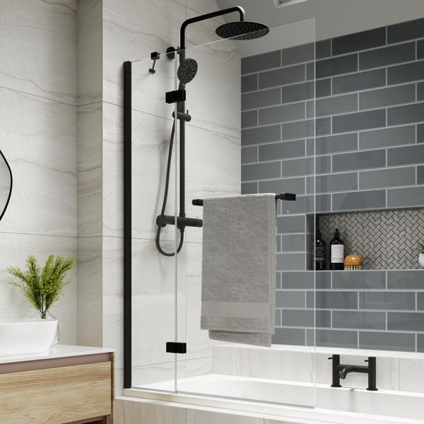 Kudos Inspire Matt Black 6mm Two Panel Out Swing Bath Screen with Towel Rail Left Hand