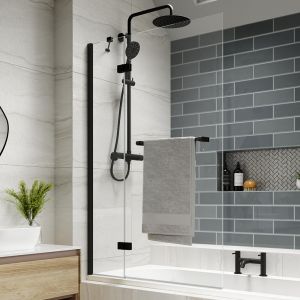 Kudos Inspire Matt Black 6mm Two Panel Out Swing Bath Screen with Towel Rail Left Hand