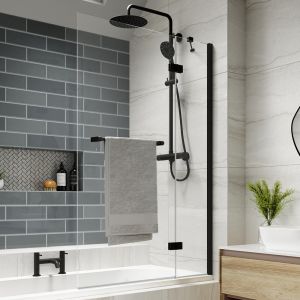 Kudos Inspire Matt Black 6mm Two Panel Out Swing Bath Screen with Towel Rail Right Hand