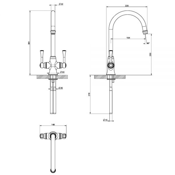 Clearwater Regent C Twin Lever Brushed Nickel Monobloc Kitchen Sink Mixer Tap #3