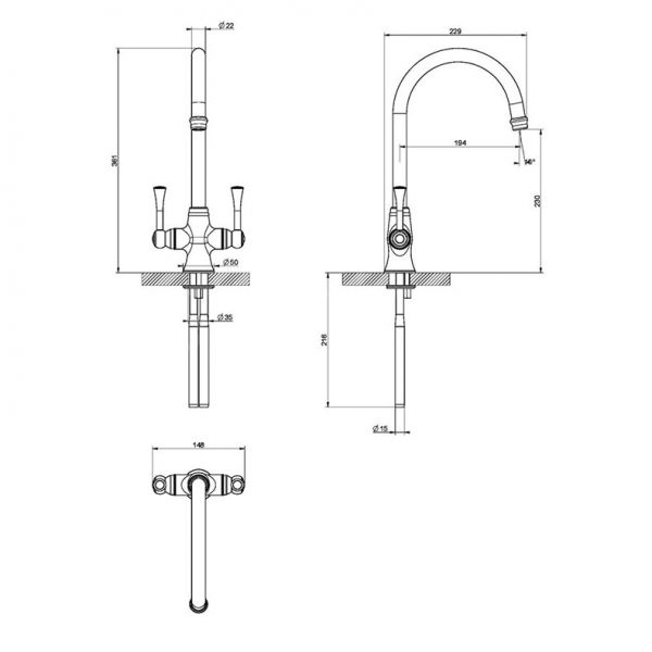 Clearwater Regent C Twin Lever Brushed Brass Monobloc Kitchen Sink Mixer Tap #2