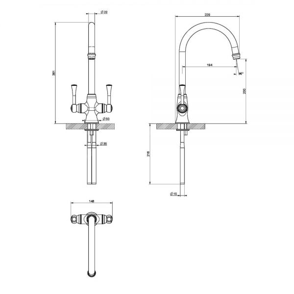 Clearwater Regent C Twin Lever Antique Brass Monobloc Kitchen Sink Mixer Tap #2