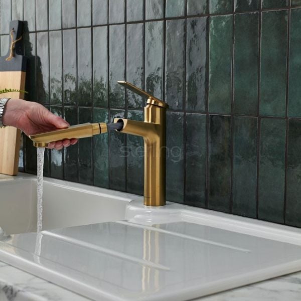 Clearwater Levant Single Lever Brushed Brass Pull Out Monobloc Kitchen Sink Mixer Tap #4