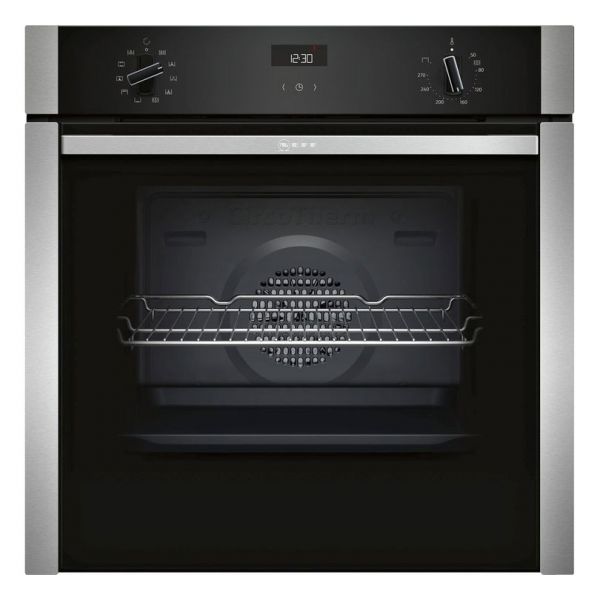 Neff N50 60cm Black and Stainless Steel Built In Slide and Hide Single Oven