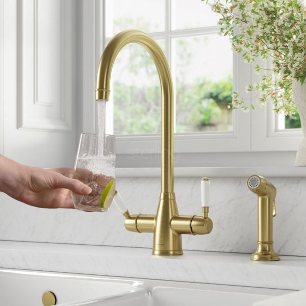 Clearwater Longdon Brushed Brass 4 in 1 Boiling Hot Water Kitchen Mixer Tap with Rinse Handset
