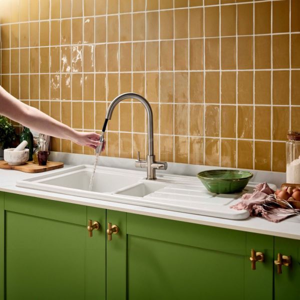 Clearwater Loreto Double Lever Brushed Nickel Pull Out Monobloc Kitchen Sink Mixer Tap #3