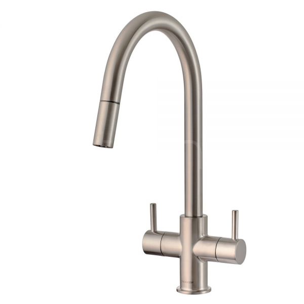 Clearwater Loreto Double Lever Brushed Nickel Pull Out Monobloc Kitchen Sink Mixer Tap