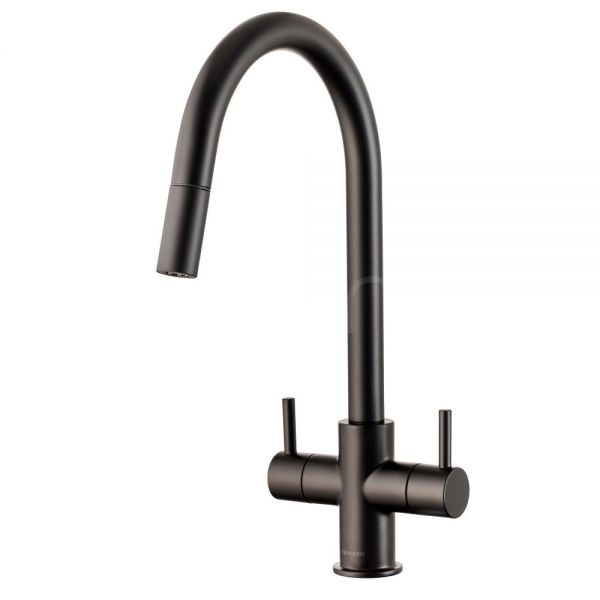 Clearwater Loreto Double Lever Matt Black Pull Out Monobloc Kitchen Sink Mixer Tap