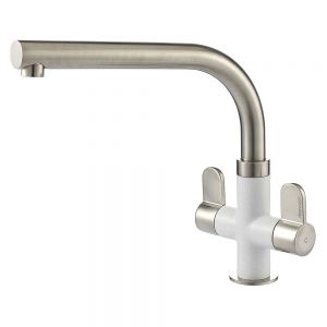 Clearwater Miram Twin Lever Brushed Nickel Polar White Monobloc Kitchen Sink Mixer Tap