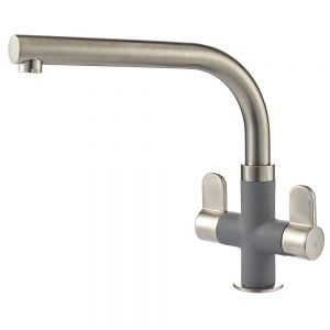 Clearwater Miram Twin Lever Brushed Nickel Croma Grey Monobloc Kitchen Sink Mixer Tap