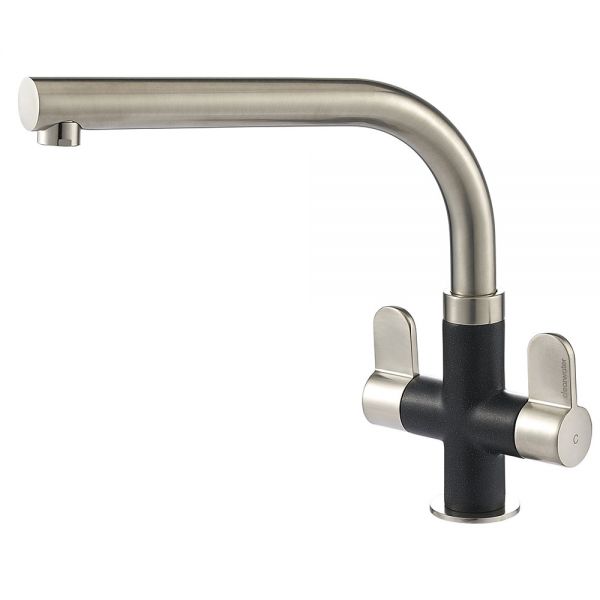 Clearwater Miram Twin Lever Brushed Nickel Nero Black Monobloc Kitchen Sink Mixer Tap
