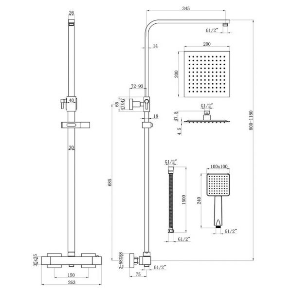 Moods Chania Thermostatic Bar Valve with Riser and Overhead Shower Kit #2