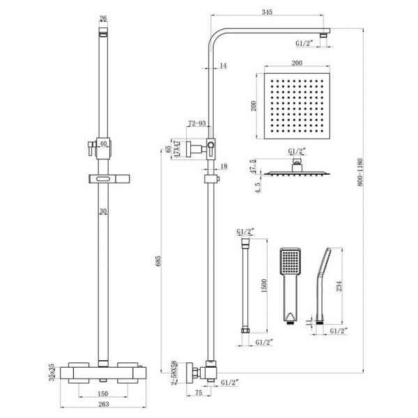 Moods Black Square Thermostatic Bar Valve with Riser and Overhead Shower Kit #2
