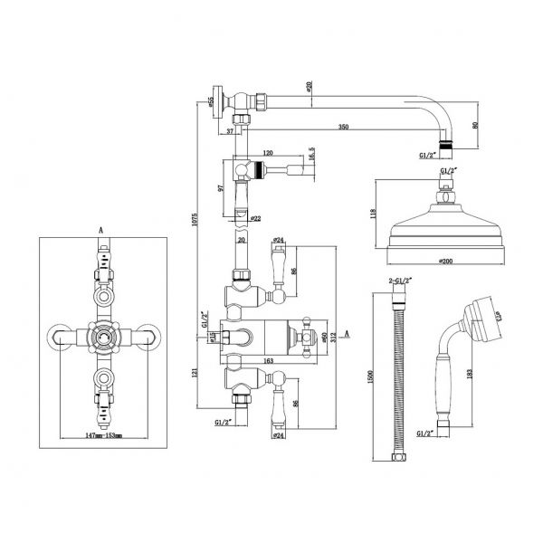 Moods Corinth Brushed Brass Exposed Two Outlet Thermostatic Shower Kit with Riser and Overhead Shower #3