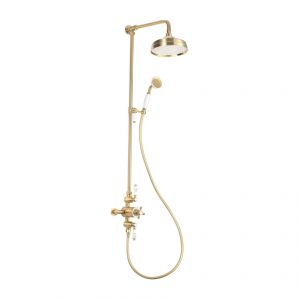 Moods Corinth Brushed Brass Exposed Two Outlet Thermostatic Shower Kit with Riser and Overhead Shower