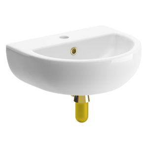 Moods Veneto One Tap Hole Cloakroom Basin and Brushed Brass Bottle Trap 450 x 400mm