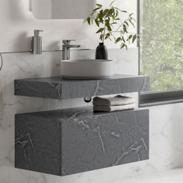 Moods Nature 800mm Grey Marble Wall Hung Basin Shelf With Chrome Bottle Trap #4