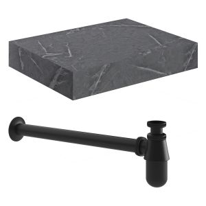 Moods Nature 600mm Grey Marble Wall Hung Basin Shelf With Black Bottle Trap