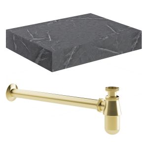 Moods Nature 600mm Grey Marble Wall Hung Basin Shelf With Brushed Brass Bottle Trap