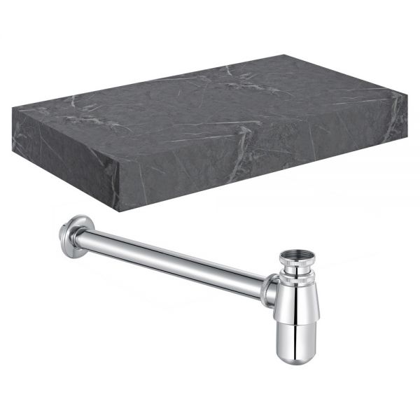 Moods Nature 800mm Grey Marble Wall Hung Basin Shelf With Chrome Bottle Trap