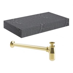 Moods Nature 800mm Grey Marble Wall Hung Basin Shelf With Brushed Brass Bottle Trap