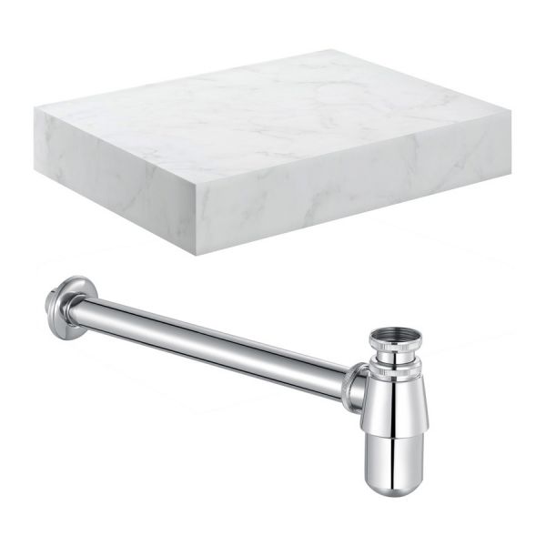Moods Nature 600mm White Marble Wall Hung Basin Shelf With Chrome Bottle Trap