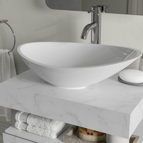 Moods Nature 600mm White Marble Wall Hung Basin Shelf With Brushed Brass Bottle Trap #2