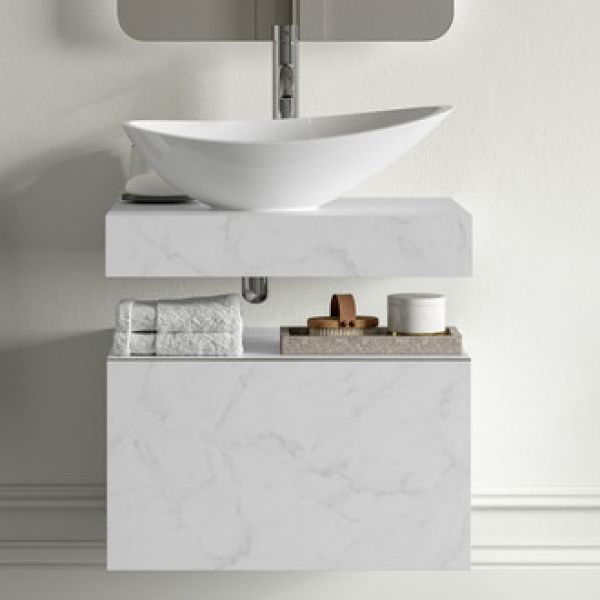 Moods Nature 600mm White Marble Wall Hung Basin Shelf With Brushed Brass Bottle Trap #4