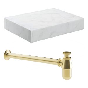 Moods Nature 600mm White Marble Wall Hung Basin Shelf With Brushed Brass Bottle Trap