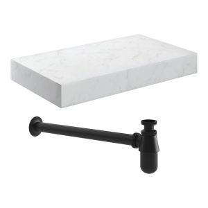 Moods Nature 800mm White Marble Wall Hung Basin Shelf With Black Bottle Trap
