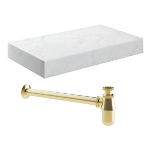 Moods Nature 800mm White Marble Wall Hung Basin Shelf With Brushed Brass Bottle Trap