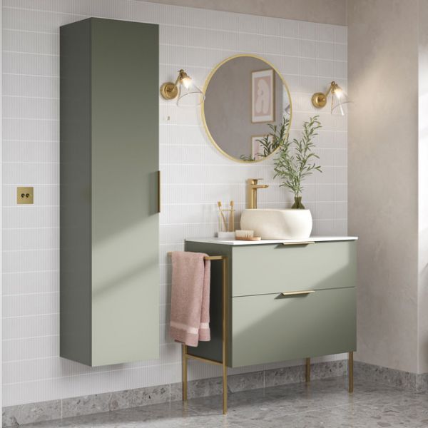 Moods Seaton Matt Olive Green Tall 1 Door Wall Hung Bathroom Storage Unit #2