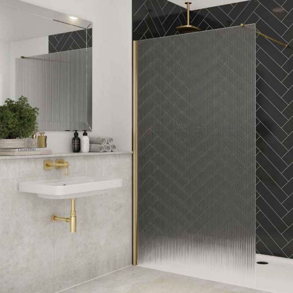 Merlyn Brushed Brass 8mm Fluted Glass Wetroom Panel 700 Wide
