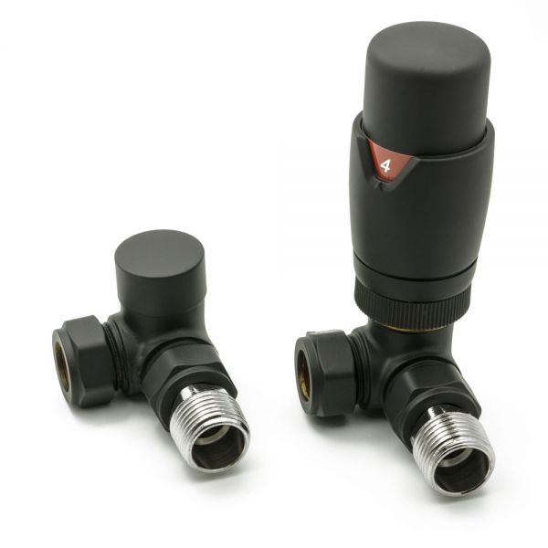 Reina Modal Black Corner TRV Radiator Valves with Lockshield