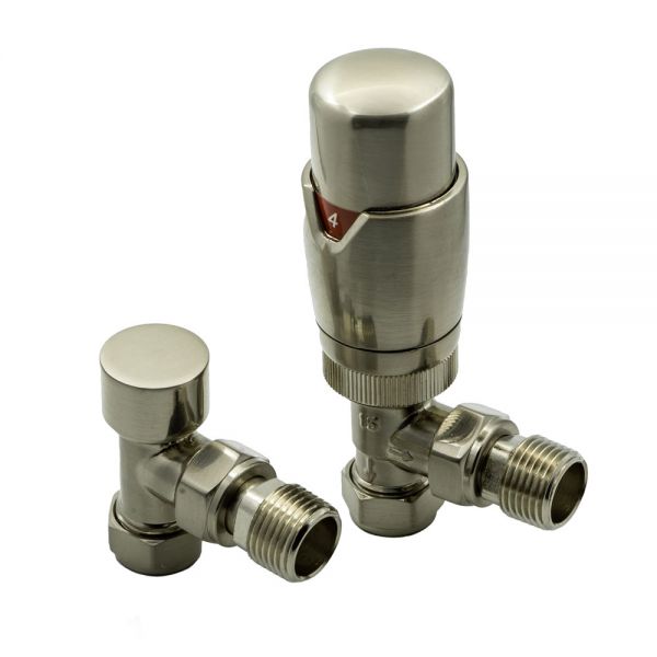 Reina Modal Brushed Chrome Angled TRV Radiator Valves with Lockshield