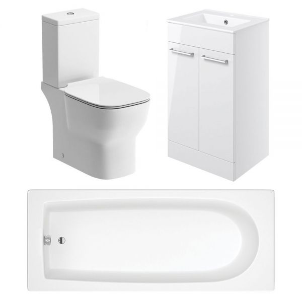 Moods Ayrton Toilet, 600mm Basin Unit and 1800 Bath Bathroom Suite