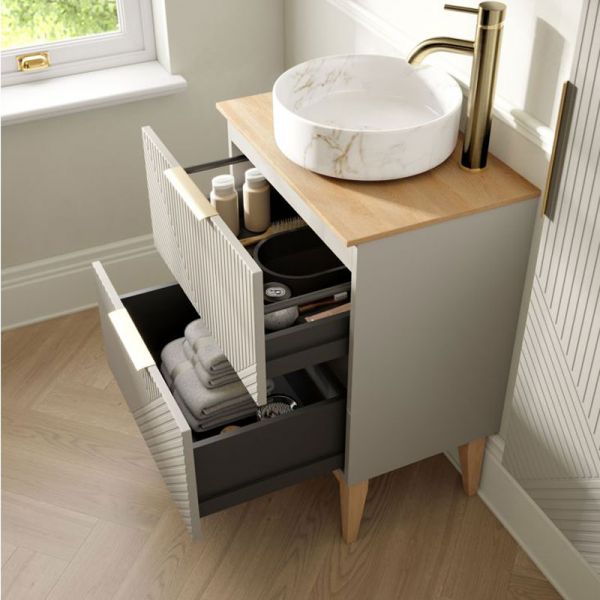 Moods Lined Matt Oat 600 Floor Standing Vanity Unit and Maple Oak Worktop #3