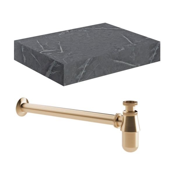 Moods Nature 600mm Grey Marble Wall Hung Basin Shelf With Brushed Bronze Bottle Trap