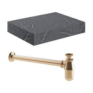 Moods Nature 600mm Grey Marble Wall Hung Basin Shelf With Brushed Bronze Bottle Trap