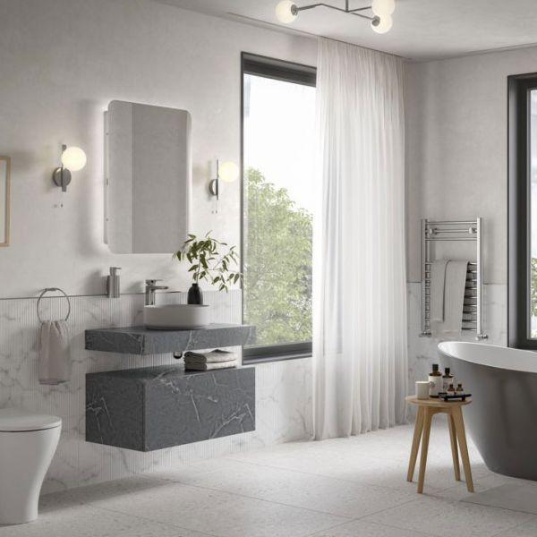 Moods Nature 600mm Grey Marble Wall Hung Basin Shelf With Brushed Bronze Bottle Trap #2