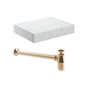 Moods Nature 600mm White Marble Wall Hung Basin Shelf With Brushed Bronze Bottle Trap