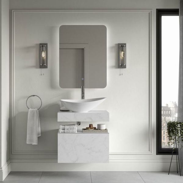 Moods Nature 600mm White Marble Wall Hung Basin Shelf With Brushed Bronze Bottle Trap #2