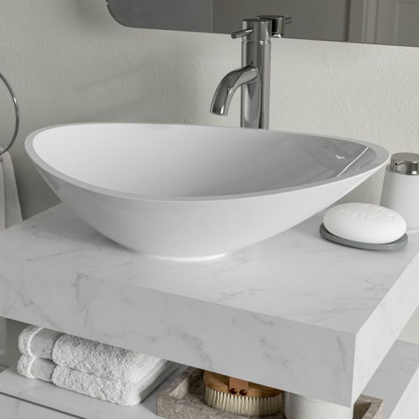 Moods Nature 600mm White Marble Wall Hung Basin Shelf With Brushed Bronze Bottle Trap #3