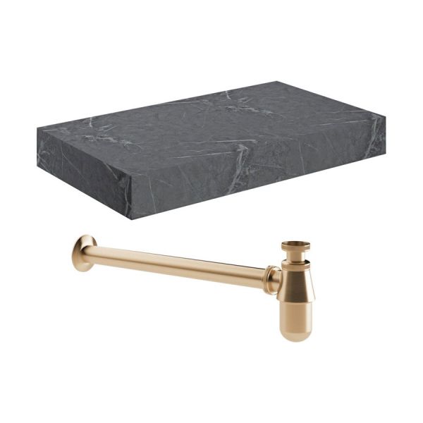 Moods Nature 800mm Grey Marble Wall Hung Basin Shelf With Brushed Bronze Bottle Trap