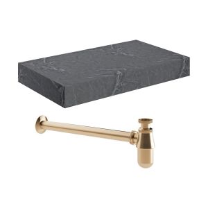 Moods Nature 800mm Grey Marble Wall Hung Basin Shelf With Brushed Bronze Bottle Trap