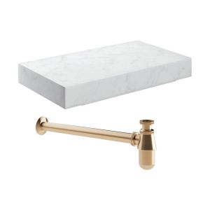 Moods Nature 800mm White Marble Wall Hung Basin Shelf With Brushed Bronze Bottle Trap