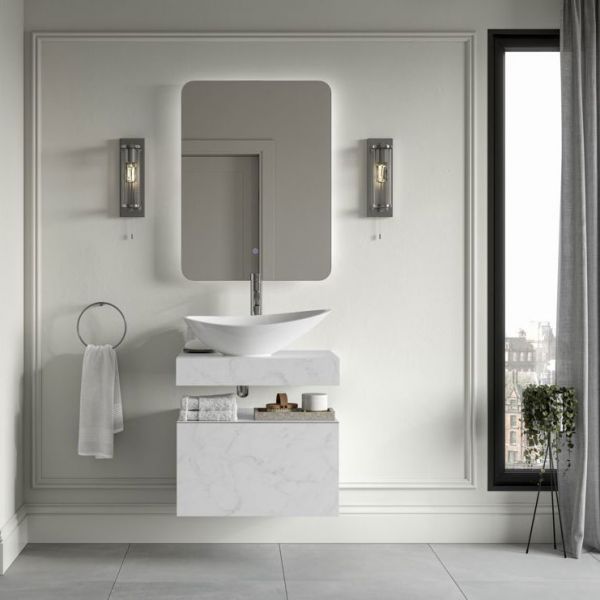 Moods Nature 800mm White Marble Wall Hung Basin Shelf With Brushed Bronze Bottle Trap #3